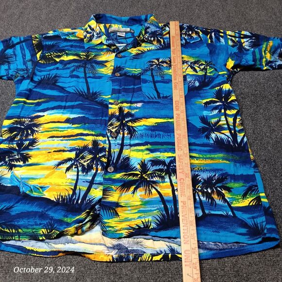 VTG Ocean Current Hawaiian‎ Shirt Men Large Blue Palm Tree Sun Set Print - Picture 3 of 5